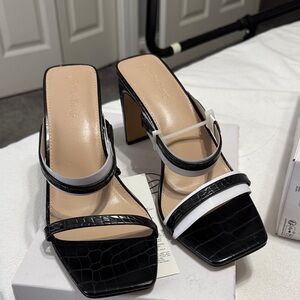 Black  Croc-Embossed Strappy Block Heel Mules